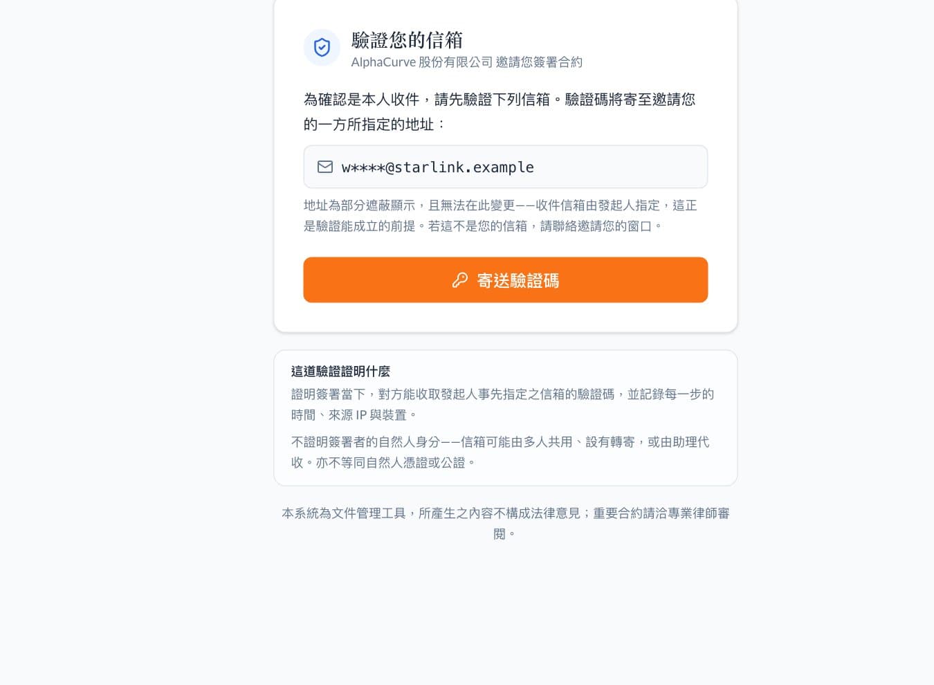 簽署頁的信箱驗證關卡，收件地址部分遮蔽顯示，並說明這道驗證證明什麼、不證明什麼。