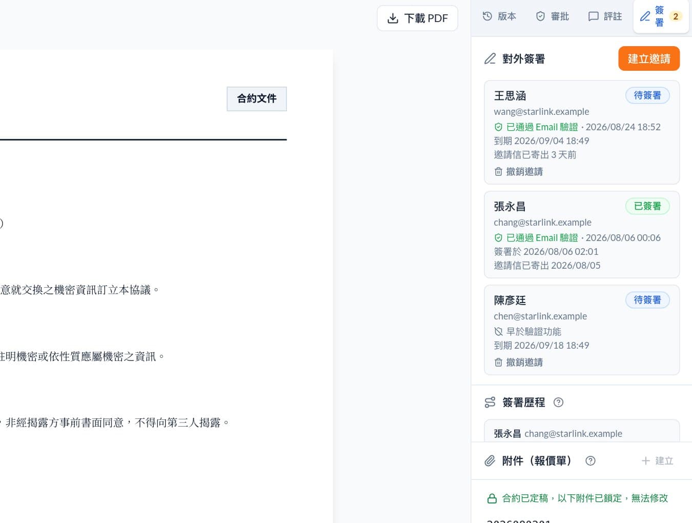 簽署歷程列出寄出邀請信、Email 驗證通過、首次開啟合約、勾選同意聲明與完成簽署各自的時間。