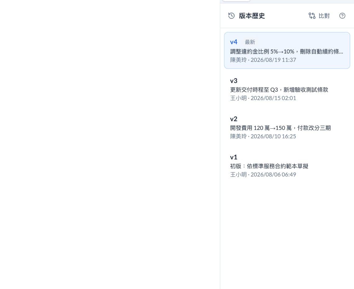 版本歷史側欄，四個版本各自列出修改說明、作者與時間。