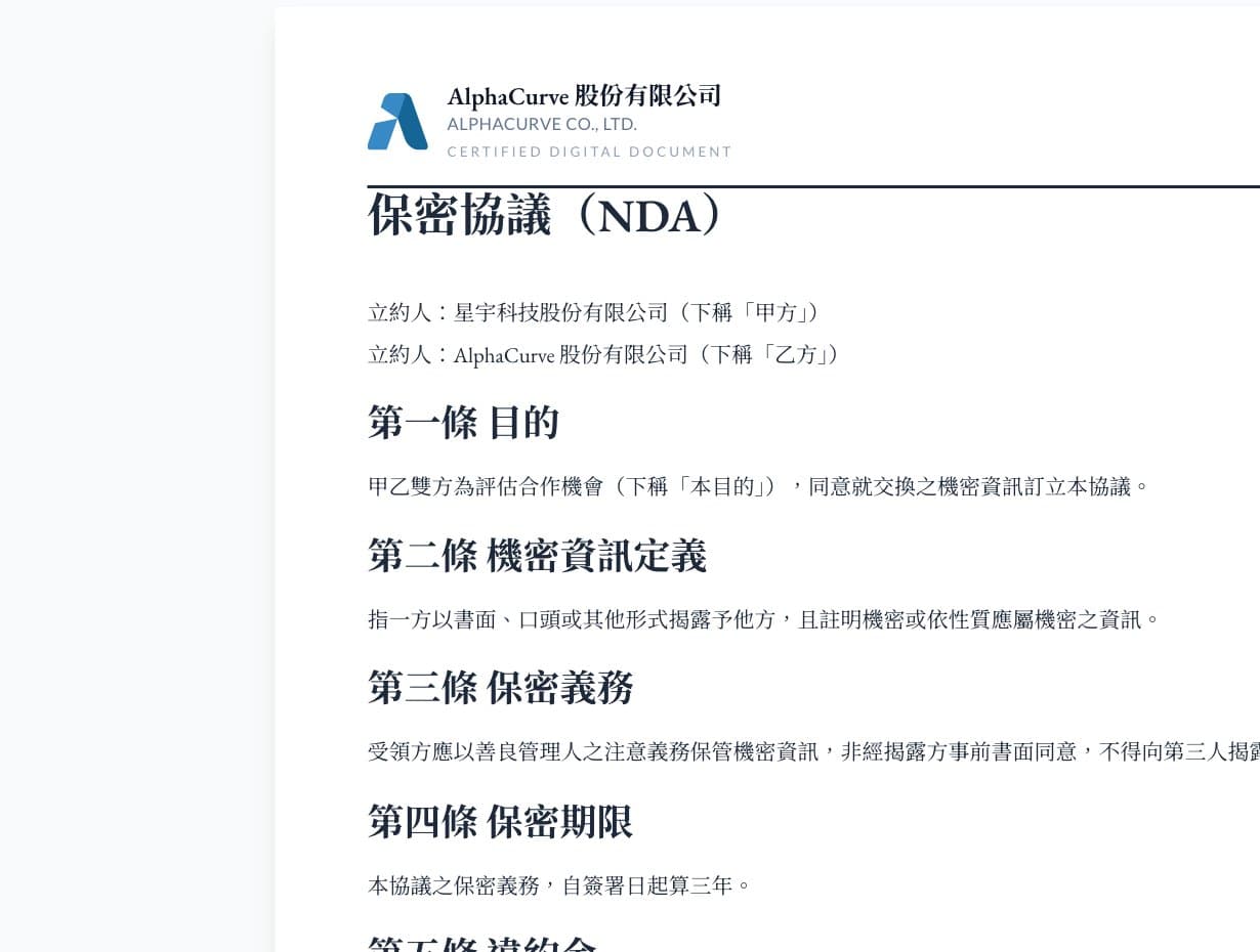 合約的簽署分頁，顯示已完成的線上簽署紀錄、簽署人姓名與職稱。